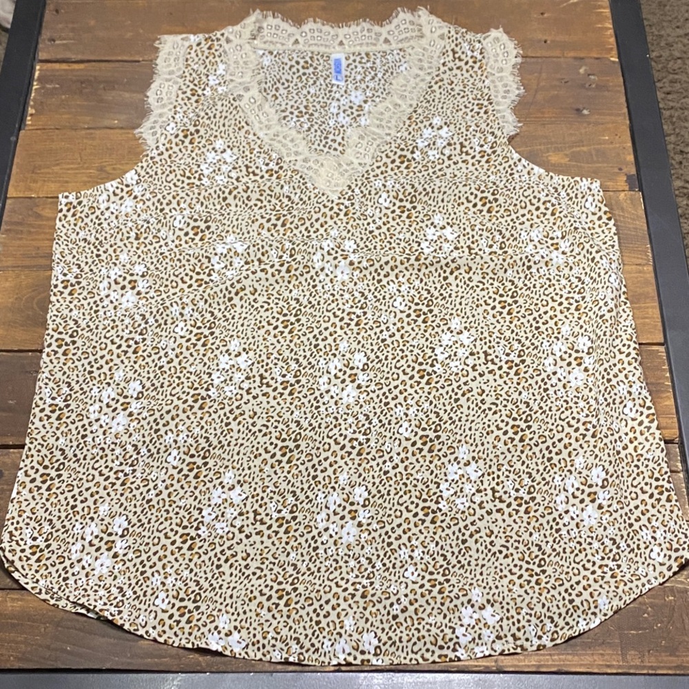 VIISHOW Lace Trim Leopard Print Sleeveless Tank Blouse Size Large Brown Cream